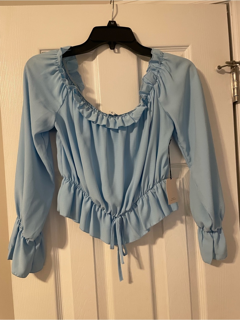 Light Blue Ruffle Off-The-Shoulder Long Sleeve Cropped Top